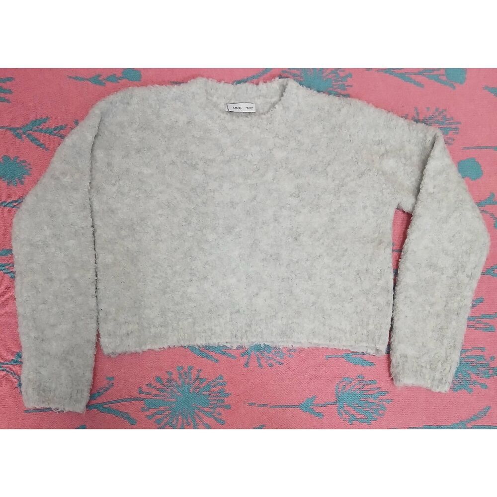 Mng womens small boxy cropped cream Boucle sweater soft wool blend shabby chic